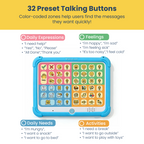 Educational device with colorful buttons and text on a yellow and white background